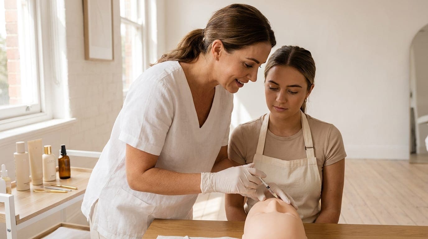A trainer and student in a bright aesthetics training studio