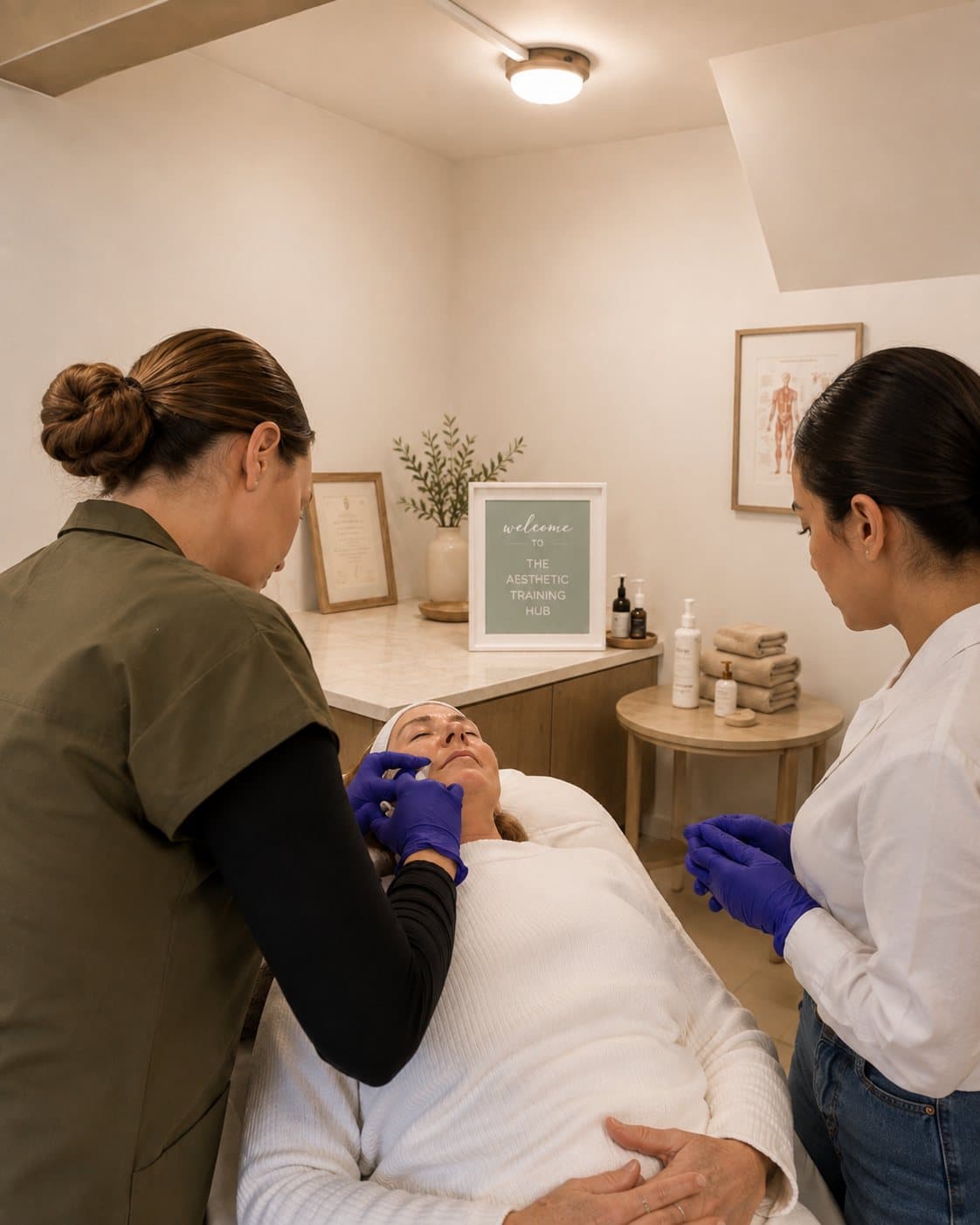 A trainer demonstrating an aesthetics technique in a warm studio