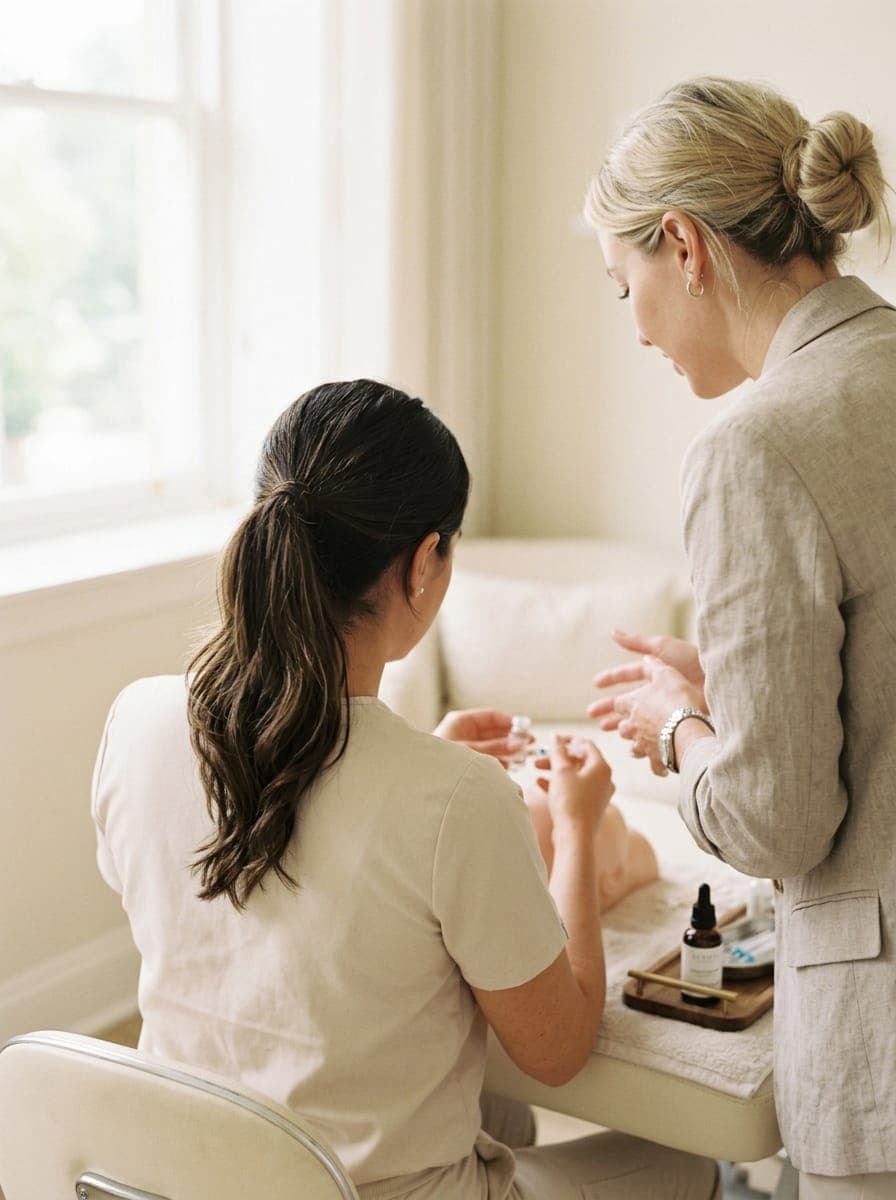 A trainer guiding a student through a technique on a practice arm